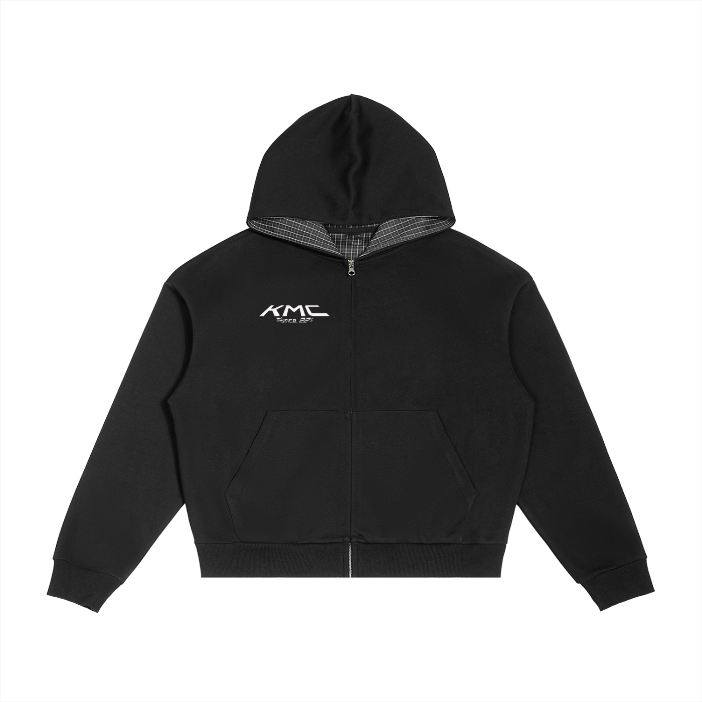 Black,Hoodie,Zip up,Plaid,Boxy