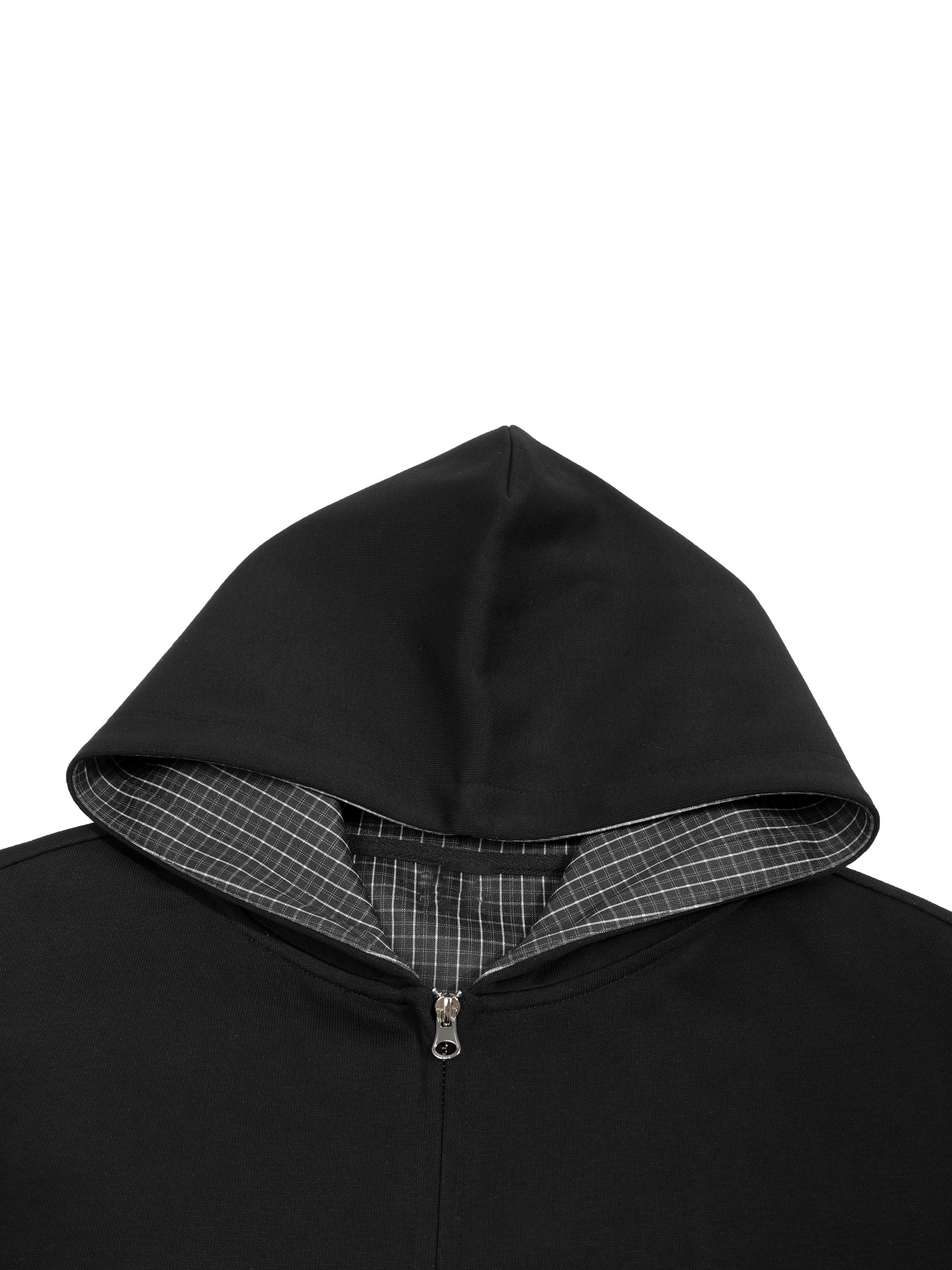 Black,Hoodie,Zip up,Plaid,Boxy